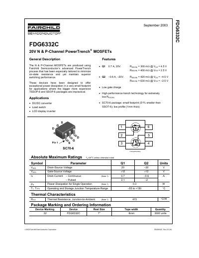 Fairchild Semiconductor FDG6332C 20V N & P-Channel PowerTrench MOSFET Datasheet - cover page