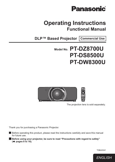 Panasonic PT-DZ8700U DLP Projector Operating Instructions - cover page