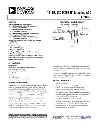 Analog Devices AD9461 16‑Bit 130 MSPS IF Sampling ADC Datasheet