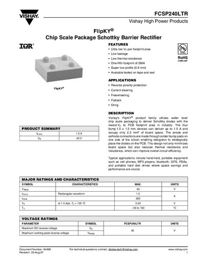 Vishay FCSP240LTR FlipKY® Chip Scale Package Schottky Barrier Rectifier Datasheet - cover page