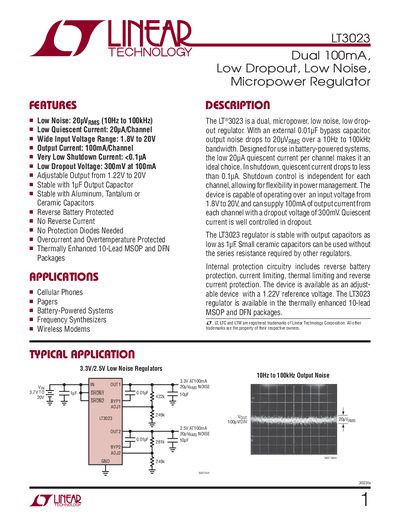 Linear Technology LT3023 Dual Low‑Noise LDO Regulator Datasheet - cover page