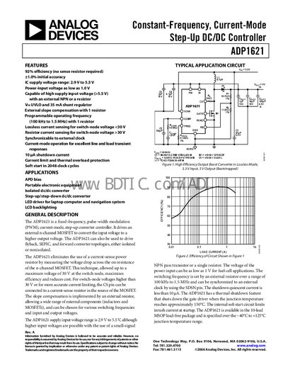 Analog Devices ADP1621 Step‑Up DC/DC Controller Datasheet - cover page