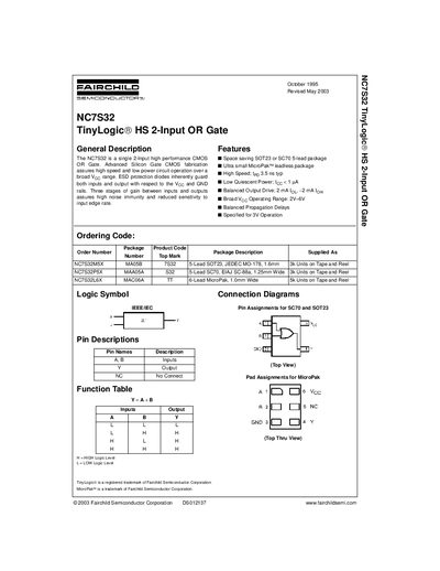 Fairchild NC7S32 TinyLogic HS 2-Input OR Gate Datasheet - cover page