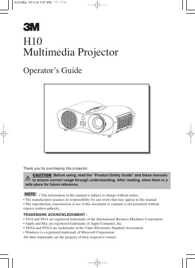 H10 Multimedia Projector Operator's Guide - cover page