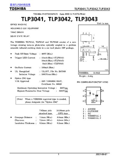 Toshiba TLP3041/TLP3042/TLP3043 Photocoupler Datasheet - cover page
