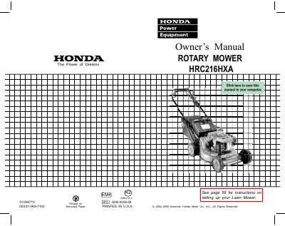 Honda HRC216HXA Rotary Mower Owner's Manual - cover page