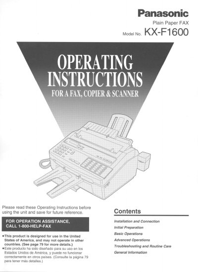 Panasonic KX-F1600 Operating Instructions for a Fax, Copier & Scanner - cover page