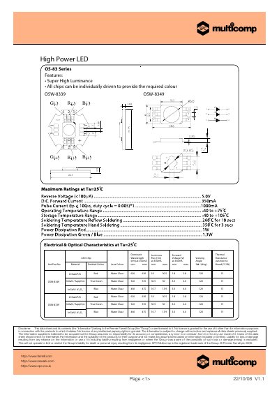Multicomp OS-83 Series High Power LED Datasheet - cover page