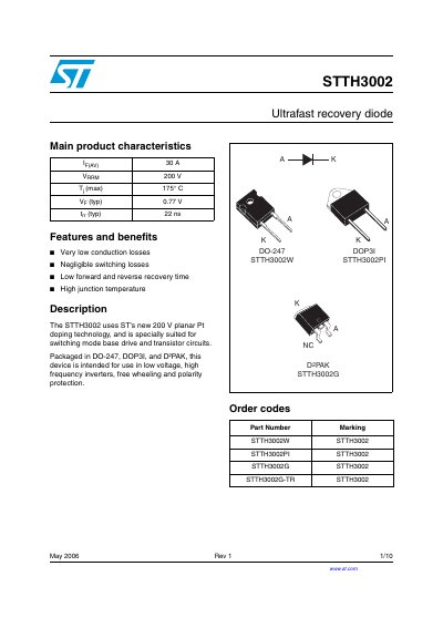 STMicroelectronics STTH3002 Ultrafast Recovery Diode Datasheet