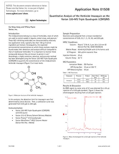 Agilent 320-MS Triple Quadrupole LC/MS/MS Application Note for Imazaquin Analysis - cover page