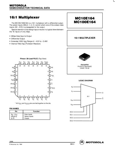 Motorola MC10E164/MC100E164 16:1 Multiplexer Datasheet - cover page
