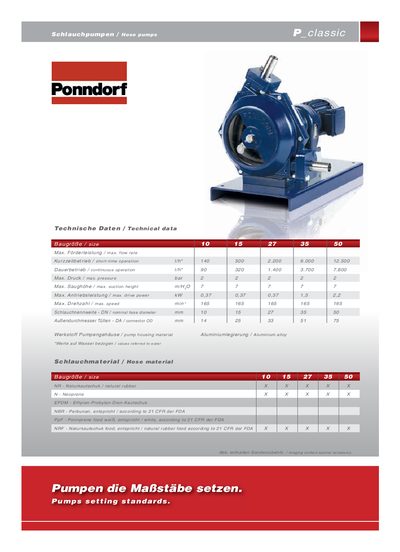 Ponndorf P_classic Hose Pump Technical Data Sheet - cover page