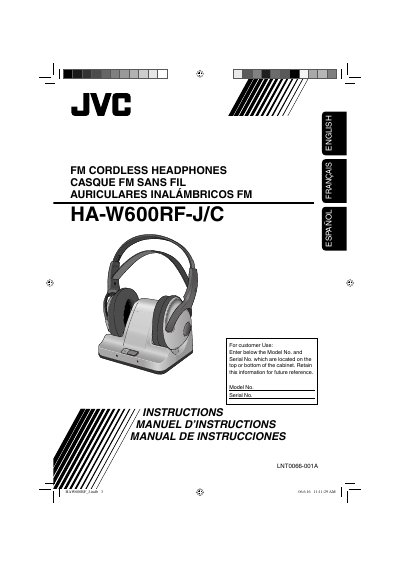 JVC HA-W600RF-J/C FM Cordless Headphones User Manual - cover page