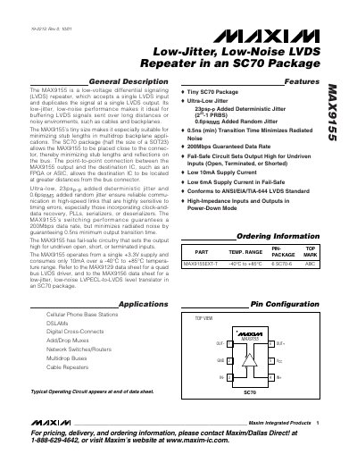 Maxim MAX9155 LVDS Repeater Datasheet - cover page