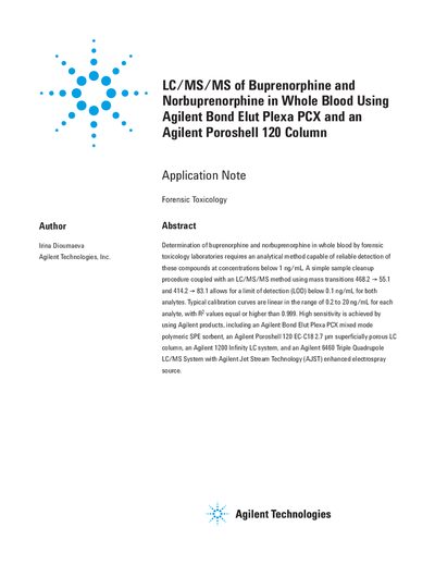 Agilent LC/MS/MS of Buprenorphine Norbuprenorphine in Whole Blood Using Agilent Bond Elut Plexa PCX an Agilent Poroshell 120 Column Manual - cover page