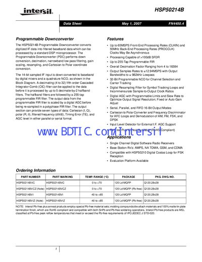 Intersil HSP50214B Programmable Downconverter Data Sheet - cover page