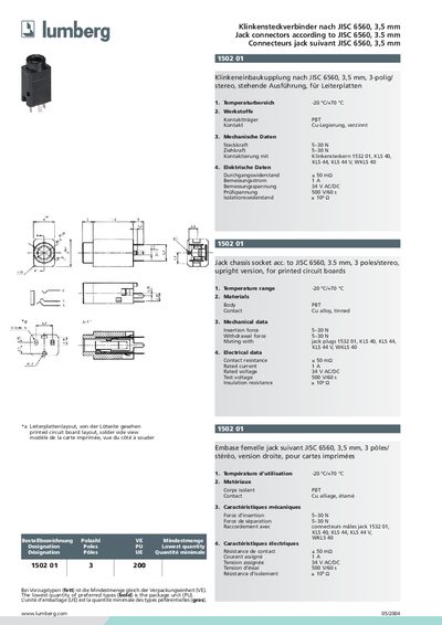Lumberg JISC 6560 3.5 mm Jack Connector Datasheet - cover page