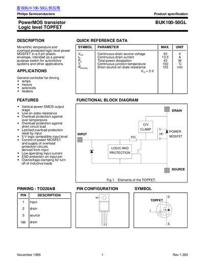 Philips BUK100-50GL PowerMOS Transistor Datasheet - cover page