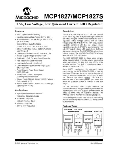 Microchip MCP1827/MCP1827S LDO Regulator Datasheet - cover page