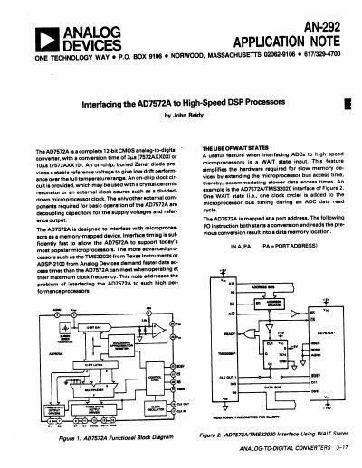 Analog Devices AN-292 Application Note Interfacing the AD7572A to High-Speed DSP Processors