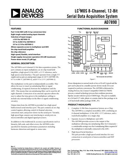 Analog Devices AD7890 8-Channel 12‑Bit Serial Data Acquisition System Datasheet - cover page