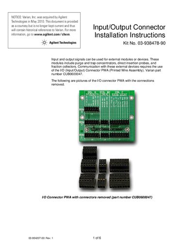 Agilent Technologies I/O Connector PWA Installation Instructions - cover page