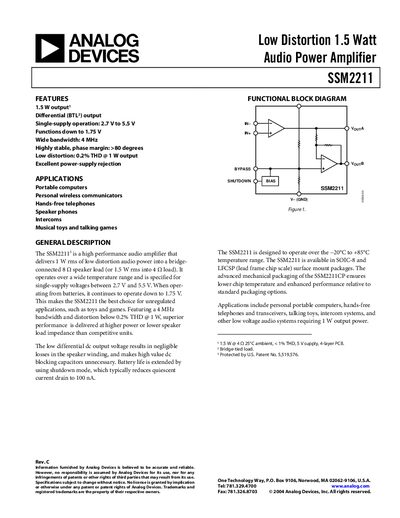 Analog Devices SSM2211 Audio Power Amplifier Datasheet - cover page