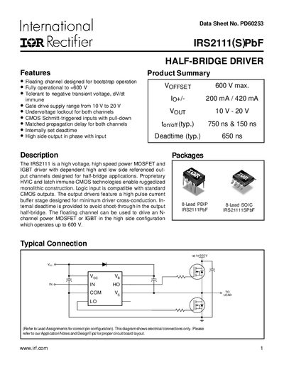 International Rectifier IRS2111(S)PbF Half-Bridge Driver Datasheet - cover page