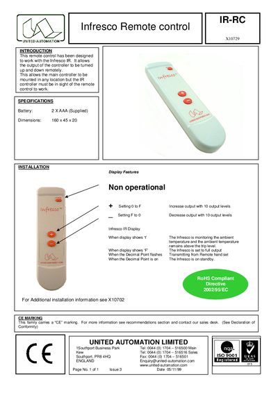 United Automation X10729 Infresco Remote Control User Manual - cover page
