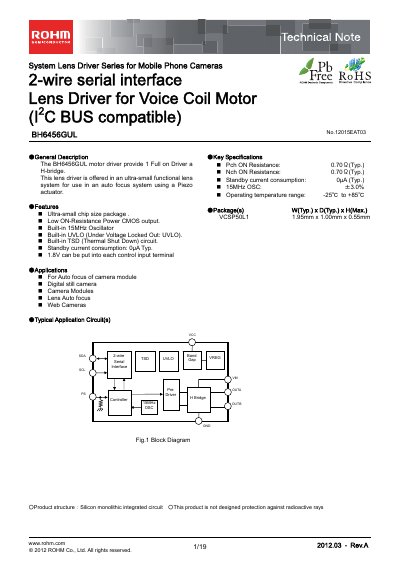 ROHM BH6456GUL Lens Driver Datasheet - cover page