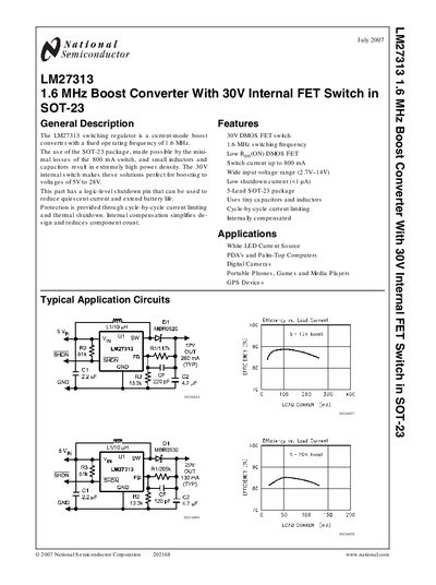 National Semiconductor LM27313 1.6 MHz Boost Converter with 30 V Internal FET Switch SOT‑23 Datasheet - cover page