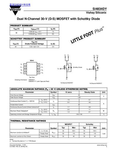 Vishay Si4834DY Dual N-Channel MOSFET Datasheet - cover page