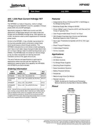 Intersil HIP4082 H‑Bridge Driver Datasheet - cover page
