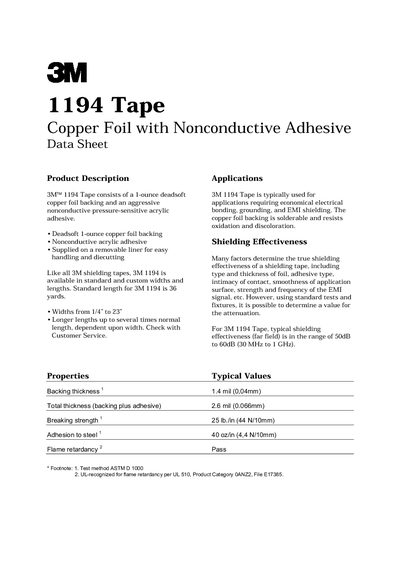 3M 1194 Tape Copper Foil with Nonconductive Adhesive Data Sheet - cover page