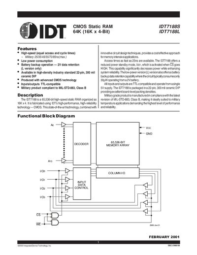 IDT IDT7188S/IDT7188L 64K Static RAM Datasheet - cover page