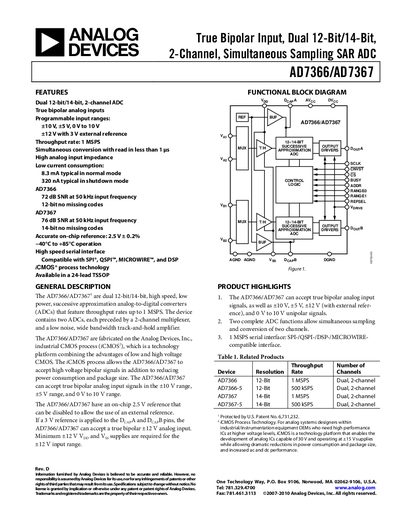 Analog Devices AD7366/AD7367 Dual 12‑Bit/14‑Bit 2‑Channel SAR ADC Datasheet - cover page