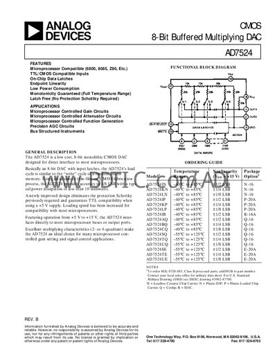 Analog Devices AD7524 8‑Bit Buffered Multiplying DAC Datasheet - cover page