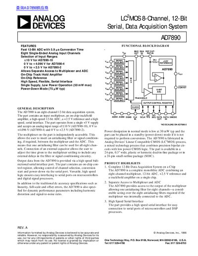 ANALOG DEVICES AD7890 LC 2 MOS 8-Channel 12-Bit Serial Data Acquisition System handbook - cover page