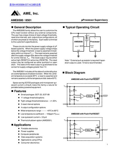 AME AME8500/8501 Processor Supervisory Datasheet