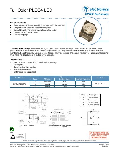 OPTEK OVSARGB3R8 Full Color PLCC4 LED Datasheet - cover page