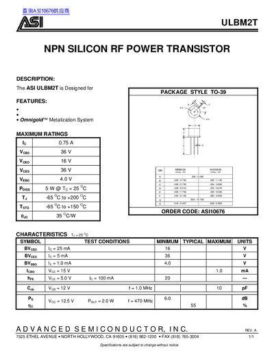 ASI ULBM2T NPN Silicon RF Power Transistor Datasheet - cover page