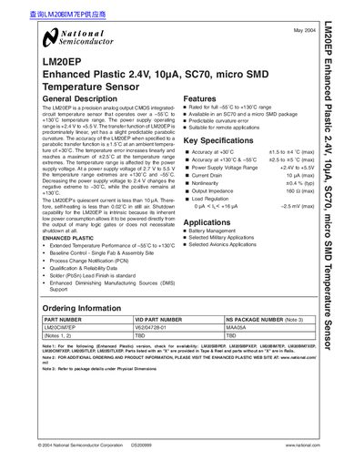 National semiconductor LM20EP Enhanced Plastic 2.4V 10 A SC70 micro SMD Temperature Sensor handbook - cover page