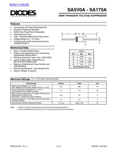 Diodes SA5V0A-SA170A Transient Voltage Suppressor Datasheet - cover page