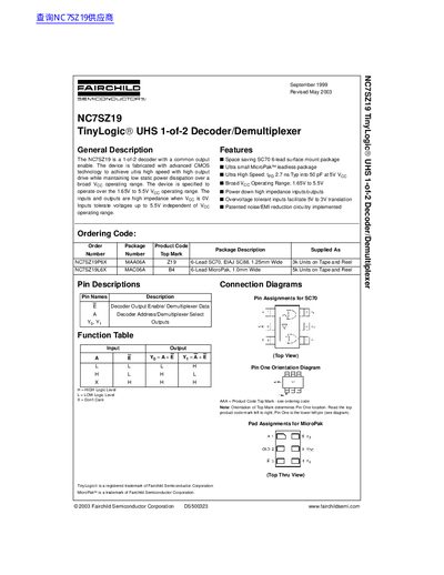 Fairchild NC7SZ19 TinyLogic UHS 1-of-2 Decoder/Demultiplexer Datasheet