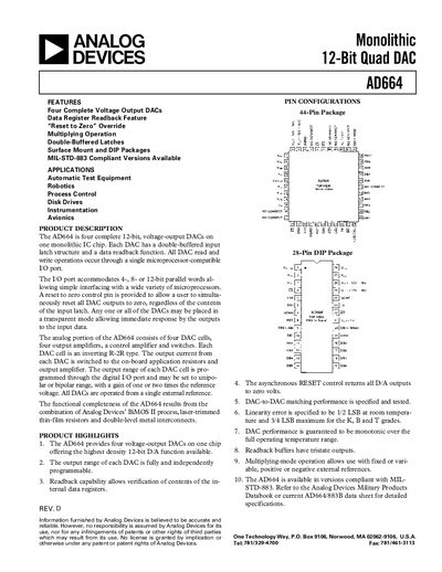 Analog Devices AD664 Quad DAC Datasheet