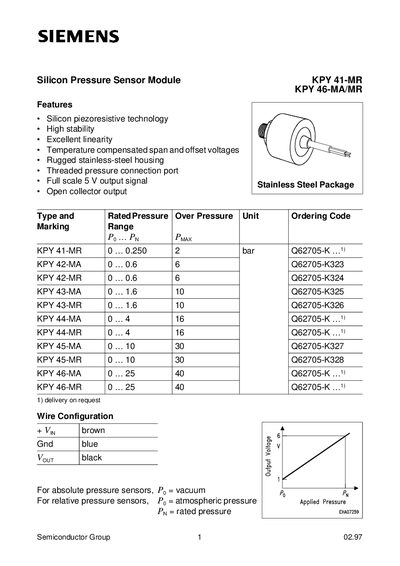 Siemens KPY 41-MR KPY 46-MA/MR Silicon Pressure Sensor Module Datasheet - cover page