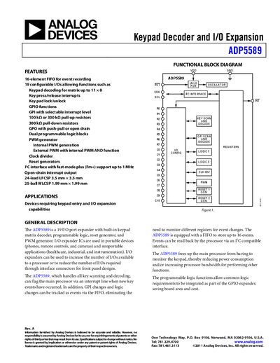 Analog Devices ADP5589 Keypad Decoder and I/O Expansion Datasheet - cover page