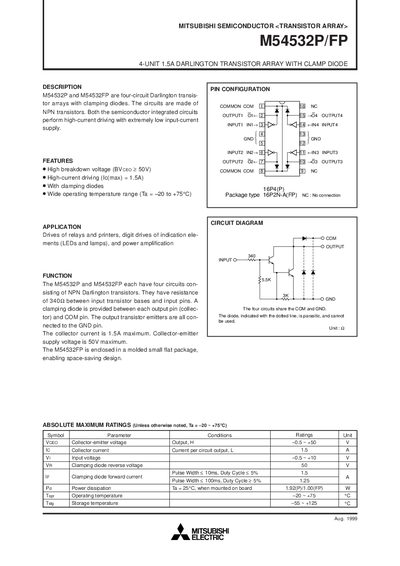 Mitsubishi M54532P/FP Darlington Transistor Array Datasheet - cover page