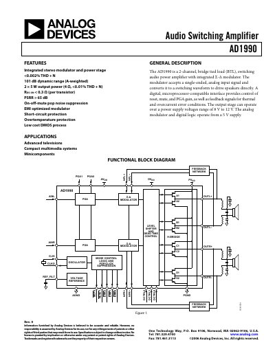Analog Devices AD1990 Audio Switching Amplifier Datasheet - cover page
