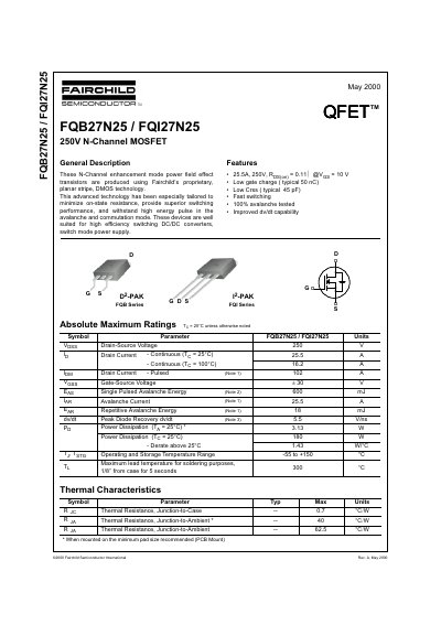 Fairchild FQB27N25/FQI27N25 250V N-Channel MOSFET Datasheet - cover page